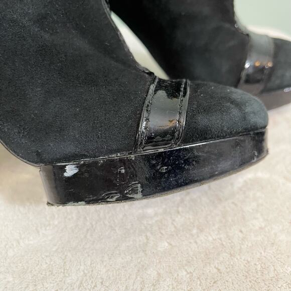 TORY BURCH Booties Womens 5.5 Suede Leather Zip Pull On Block High Heel Black - Picture 11 of 13
